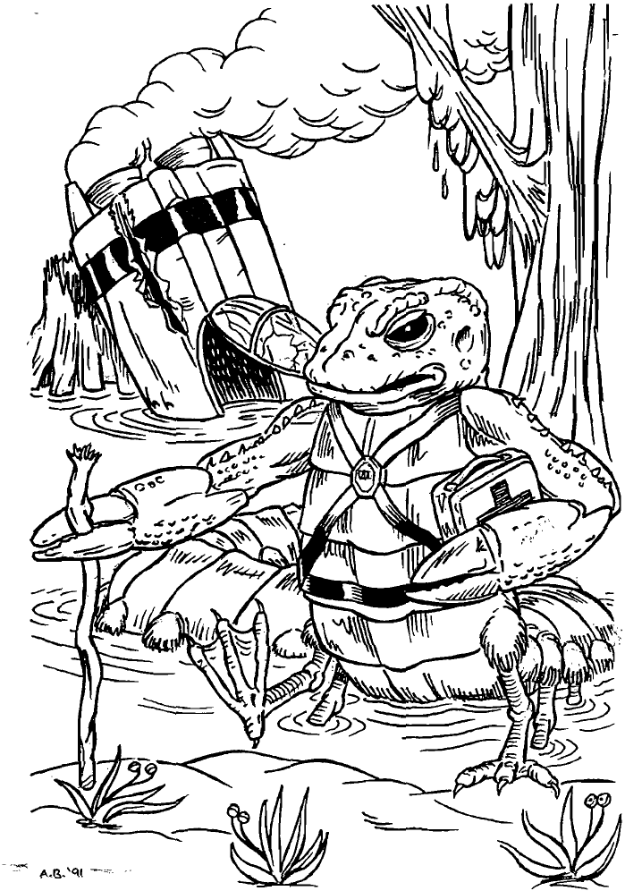 Artist: Andrew Bre:chin Date: 1990 License: CC BY-SA 4.0 Drawing of chicken legged alien walking through a swamp.