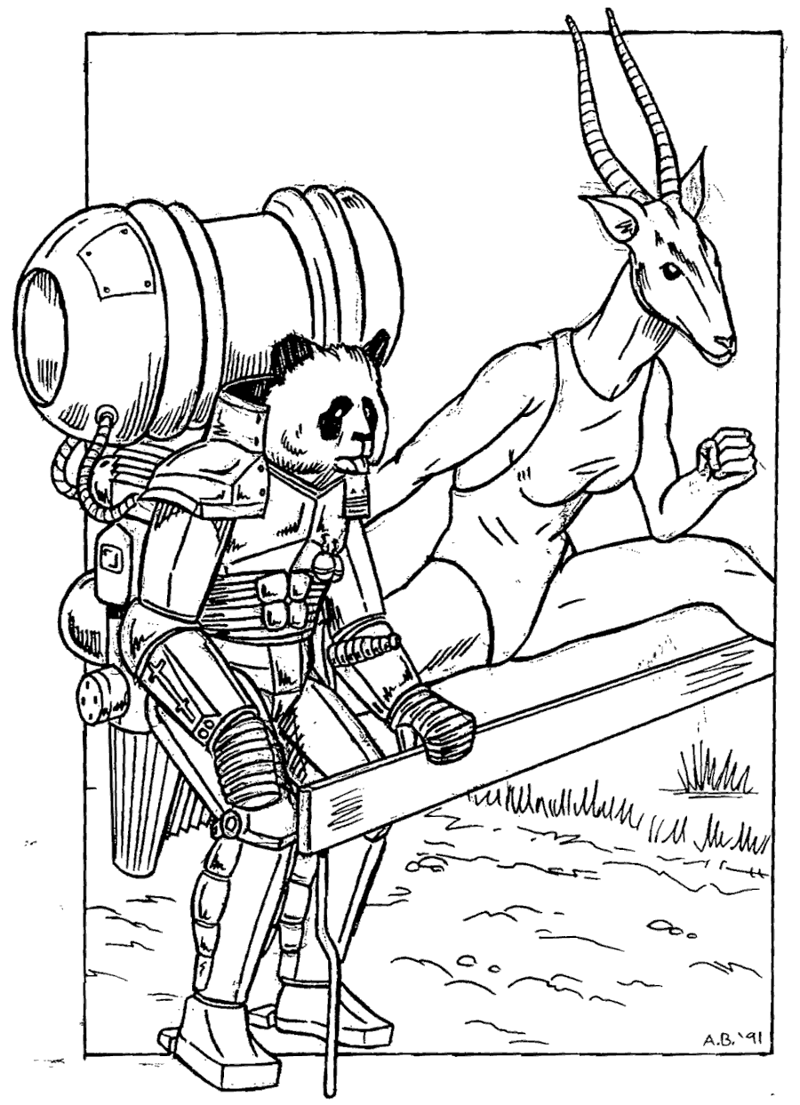 Drawing of lightly dressed humanoid antelope out maneuvering heavily encumbered humanoid panda.